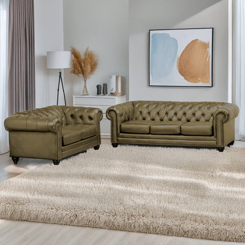Maryport Leather Sofa & Loveseat Set with Tufting and Nailhead Trim