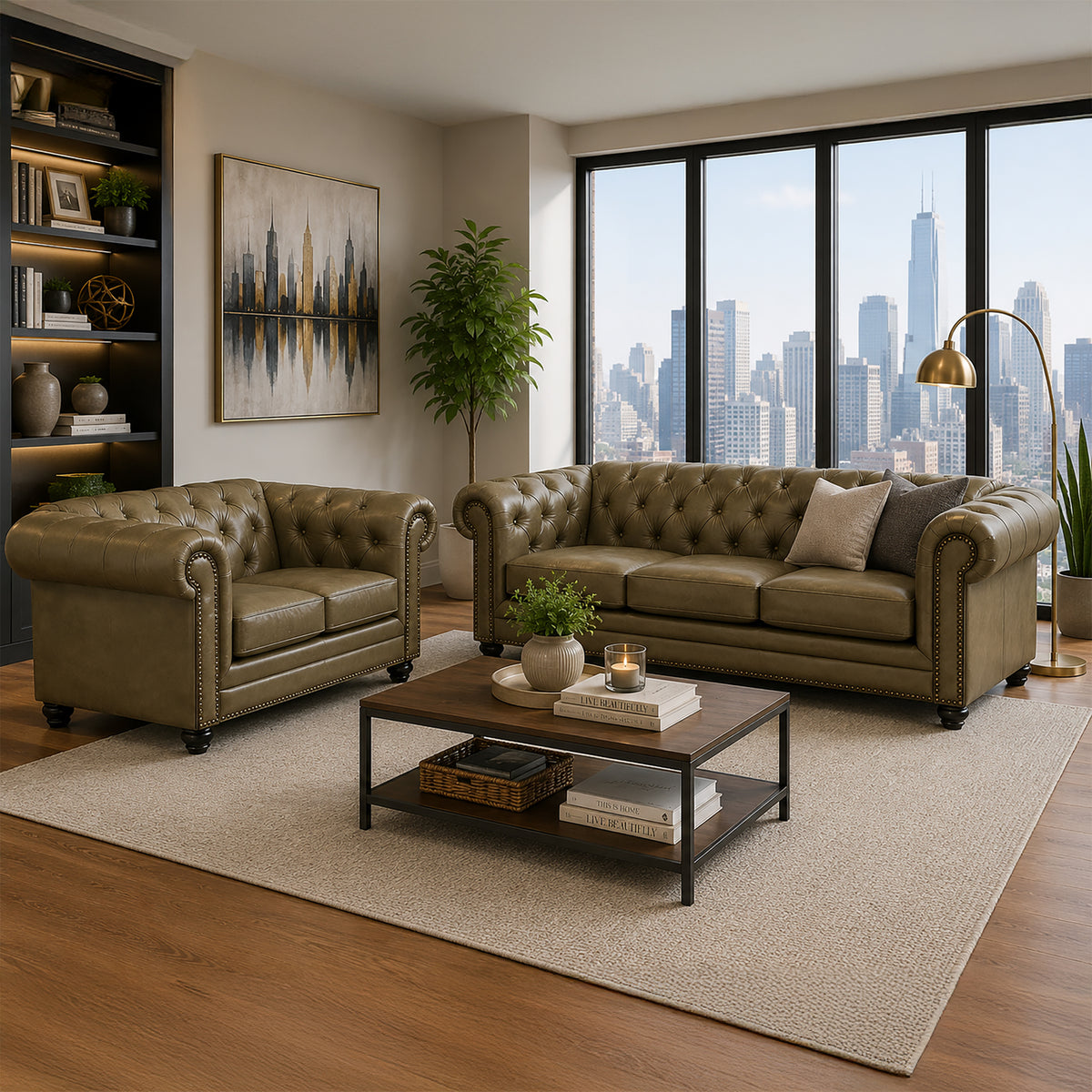 Maryport Leather Sofa & Loveseat Set with Tufting and Nailhead Trim - Coja