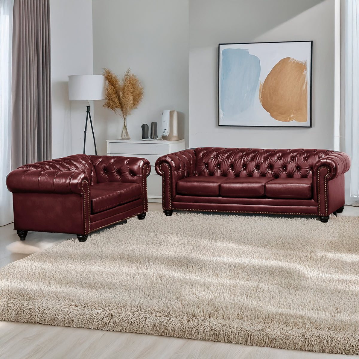 Maryport Leather Sofa &amp; Loveseat Set with Tufting and Nailhead Trim