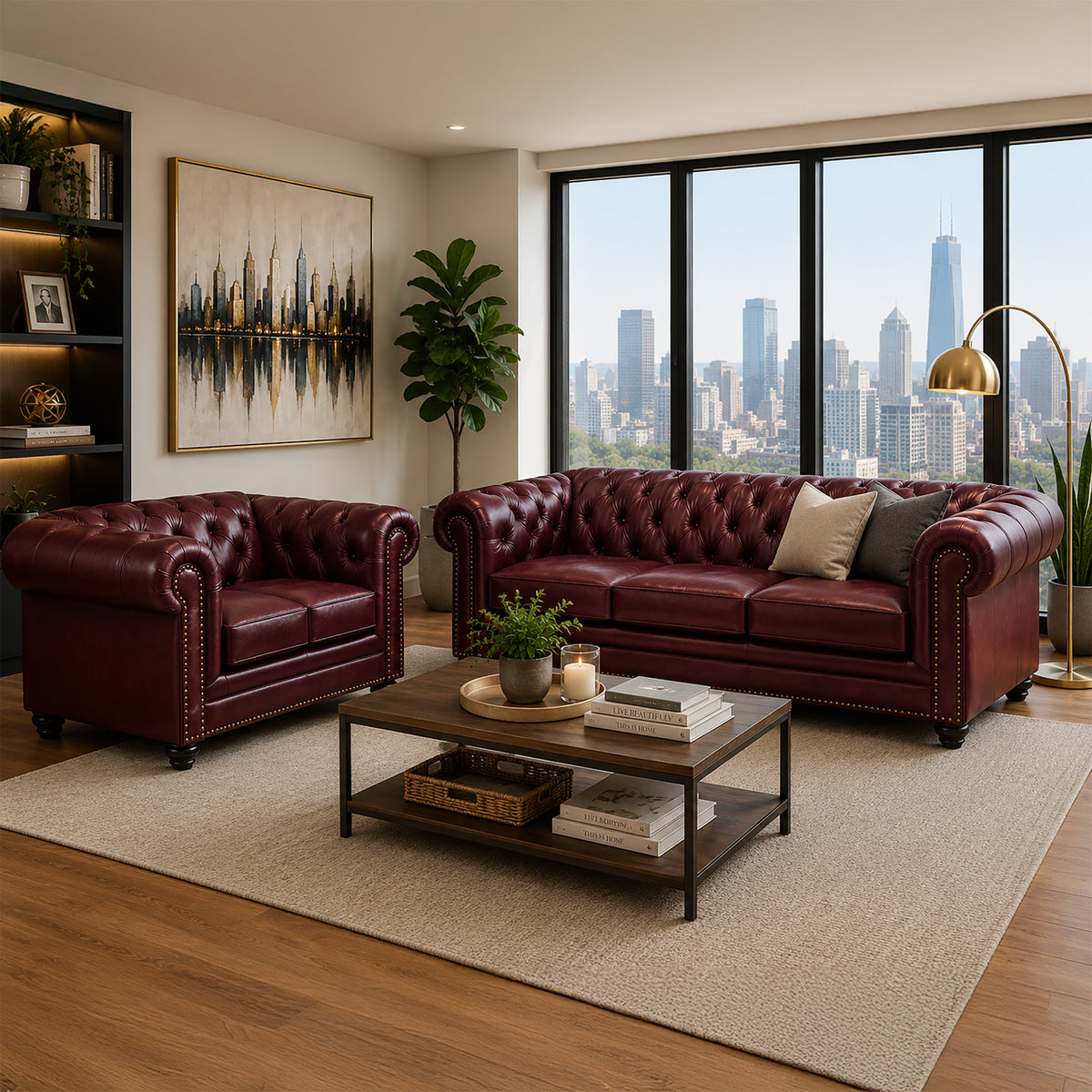 Maryport Leather Sofa & Loveseat Set with Tufting and Nailhead Trim - Coja