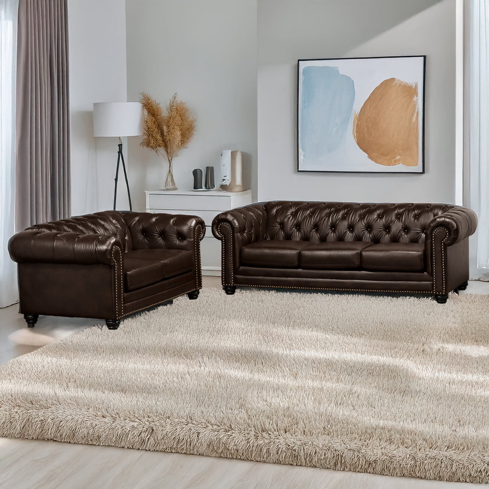 Maryport Leather Sofa & Loveseat Set with Tufting and Nailhead Trim - Coja
