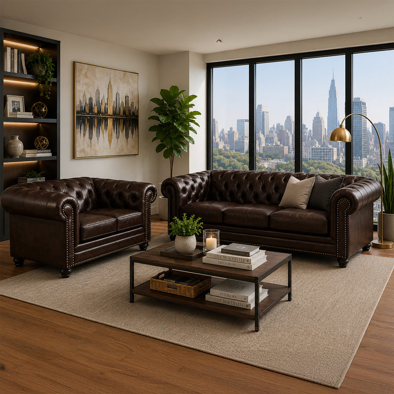 Maryport Leather Sofa & Loveseat Set with Tufting and Nailhead Trim - Coja