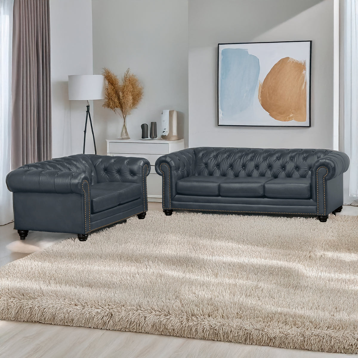 Maryport Leather Sofa &amp; Loveseat Set with Tufting and Nailhead Trim