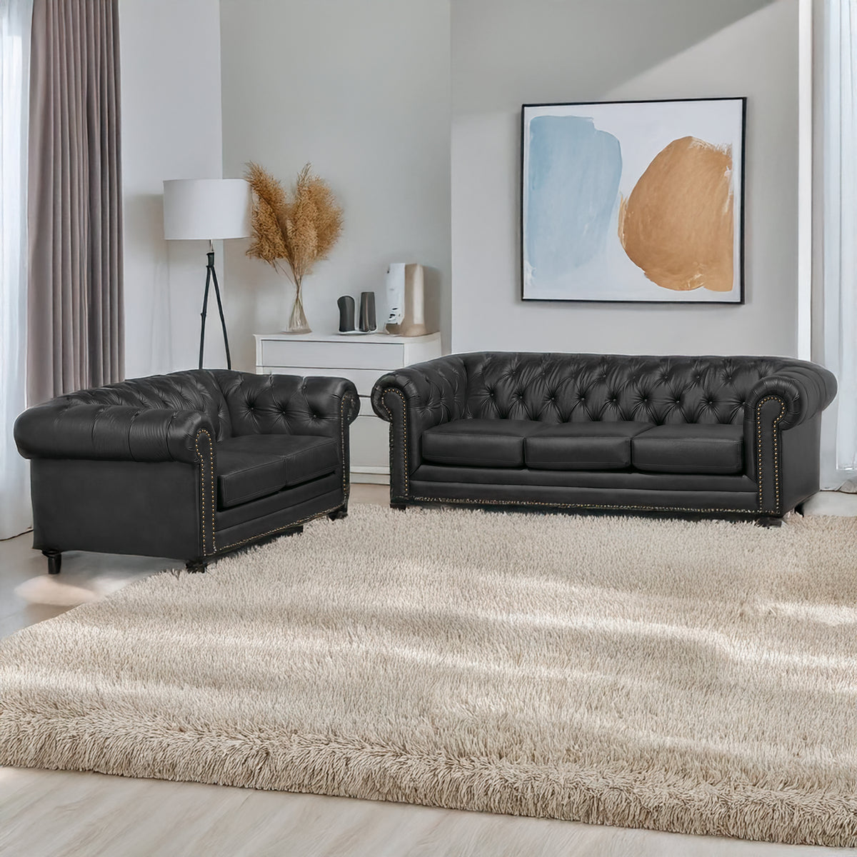 Maryport Leather Sofa &amp; Loveseat Set with Tufting and Nailhead Trim
