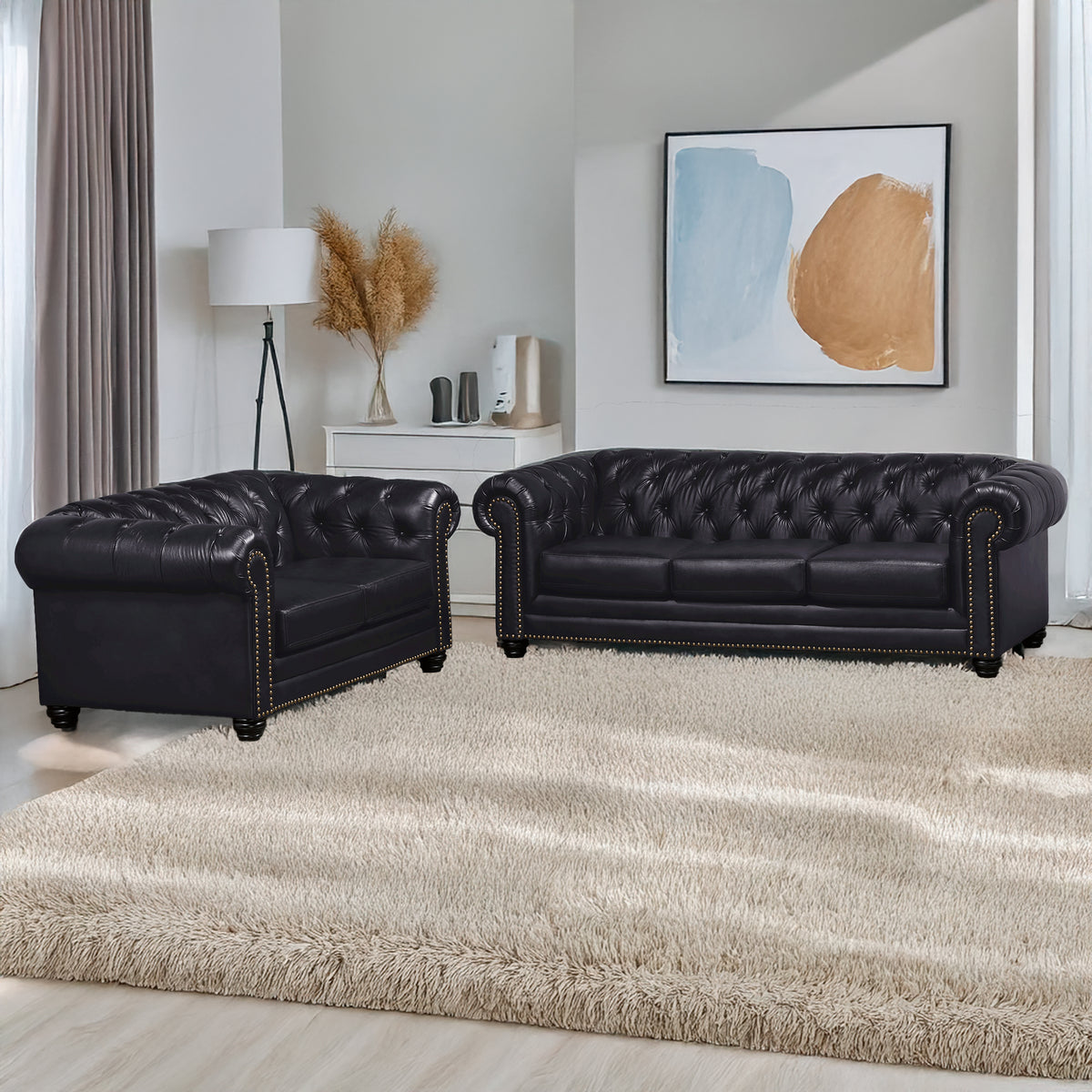 Maryport Leather Sofa &amp; Loveseat Set with Tufting and Nailhead Trim
