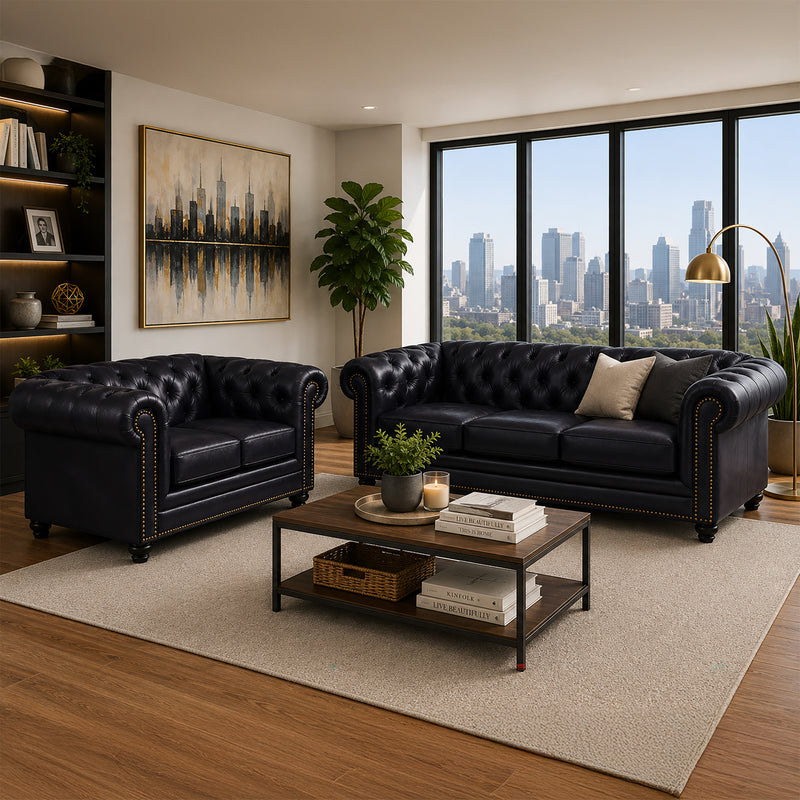 Maryport Leather Sofa & Loveseat Set with Tufting and Nailhead Trim - Coja