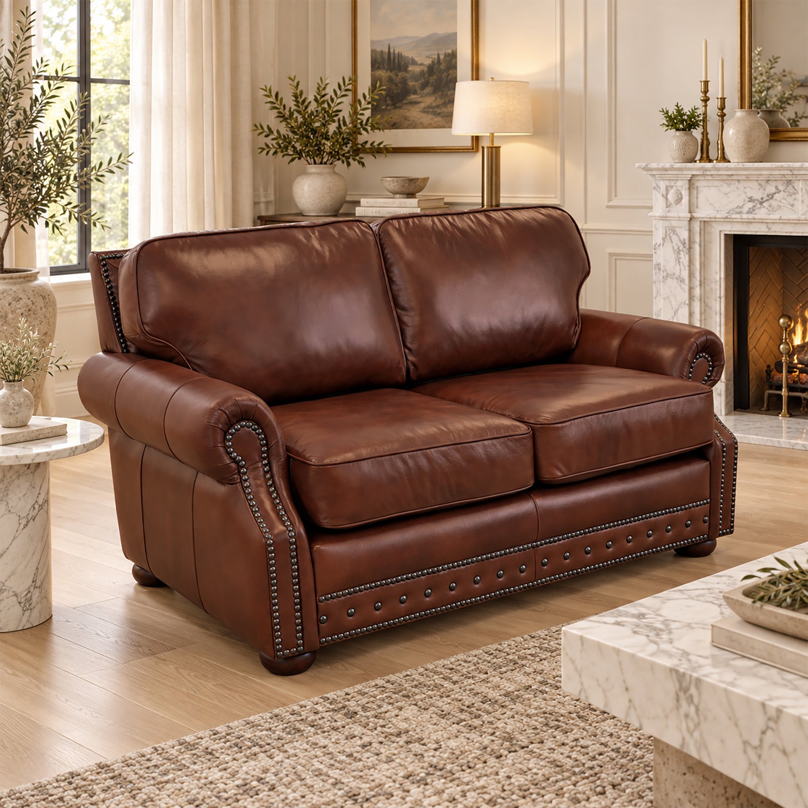 Middleton Genuine Leather Loveseat With Nailhead Trim - Made in the U.S.A. - Coja