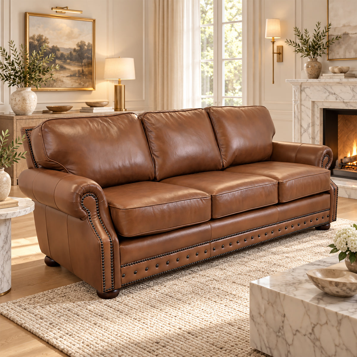 Middleton Genuine Leather Sofa With Nailhead Trim - Made in the U.S.A. - Coja