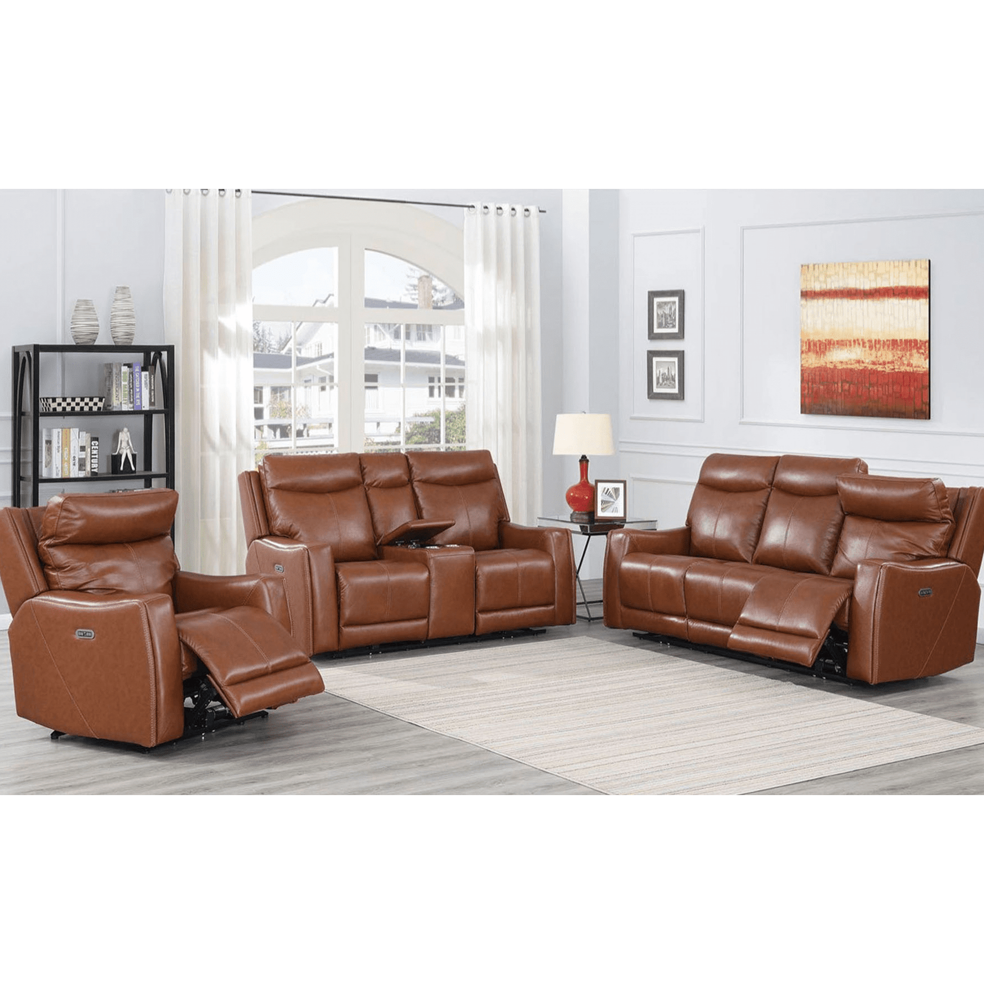 Numero Leather Power Reclining Sofa, Loveseat and Chair Set with articulating Headrest, Cognac