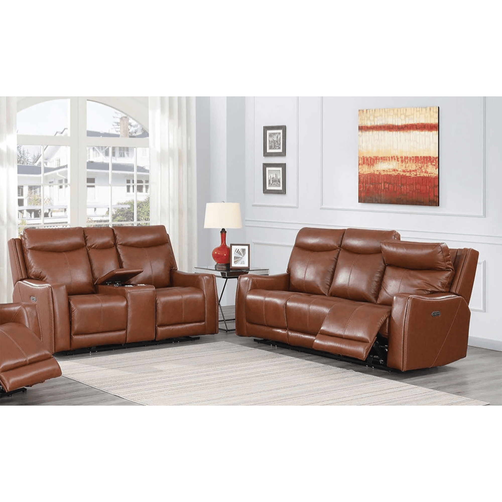 Numero Power Reclining Sofa and Loveseat Set with Articulating Headrest, Cognac - Coja