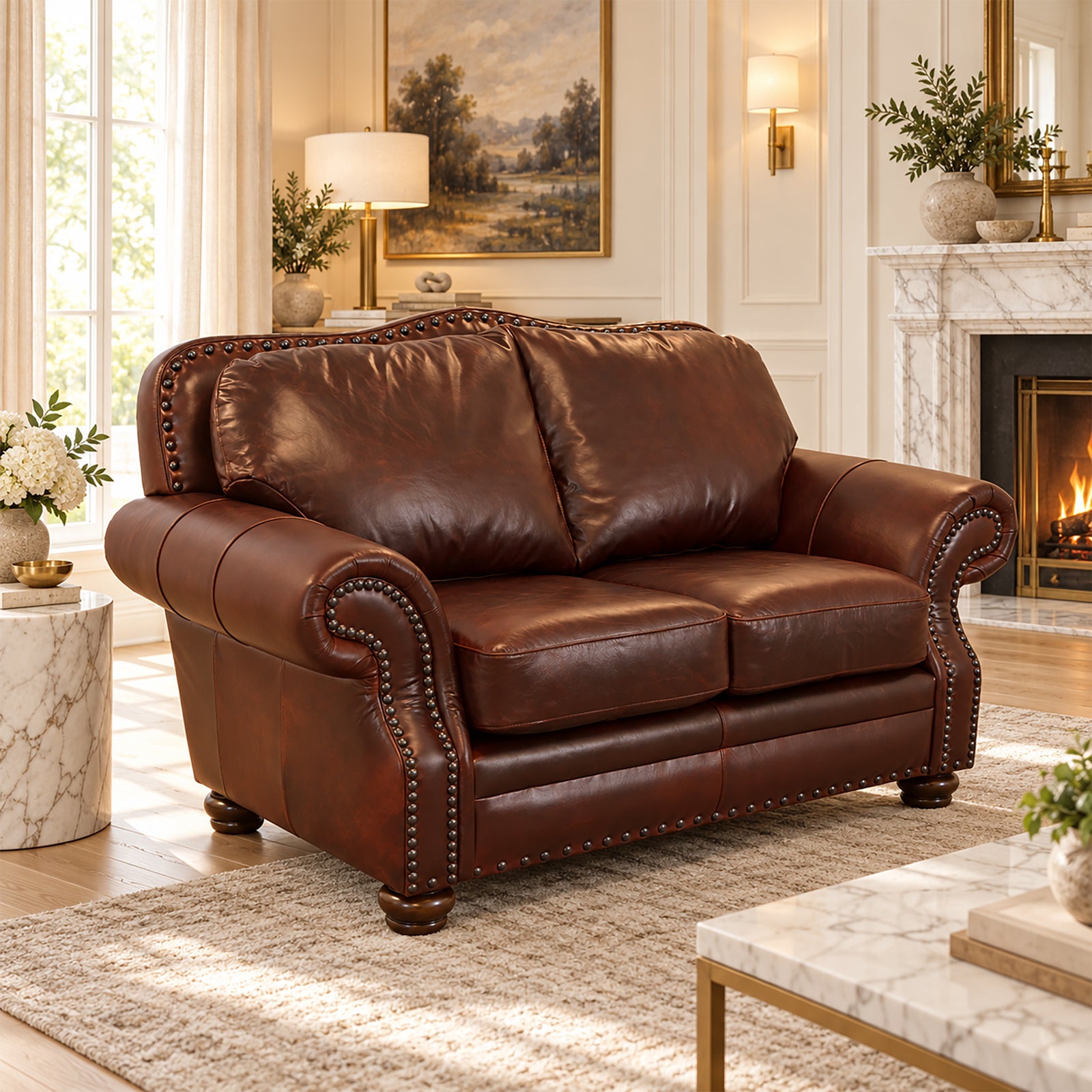 Parker Genuine Leather Loveseat With Nailhead Trim - Made in the U.S.A. - Coja