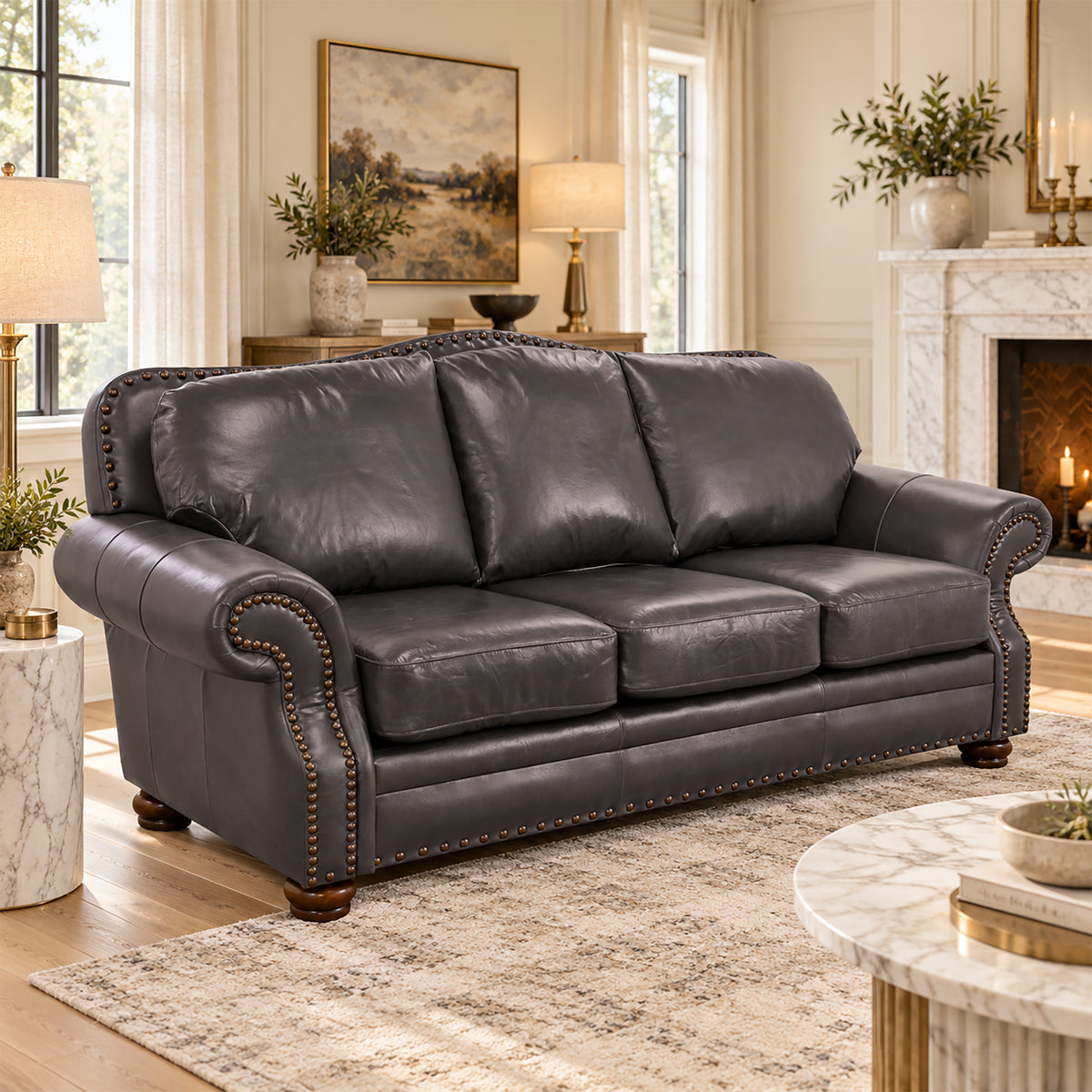 Parker Genuine Leather Sofa With Nailhead Trim - Made in the U.S.A. - Coja