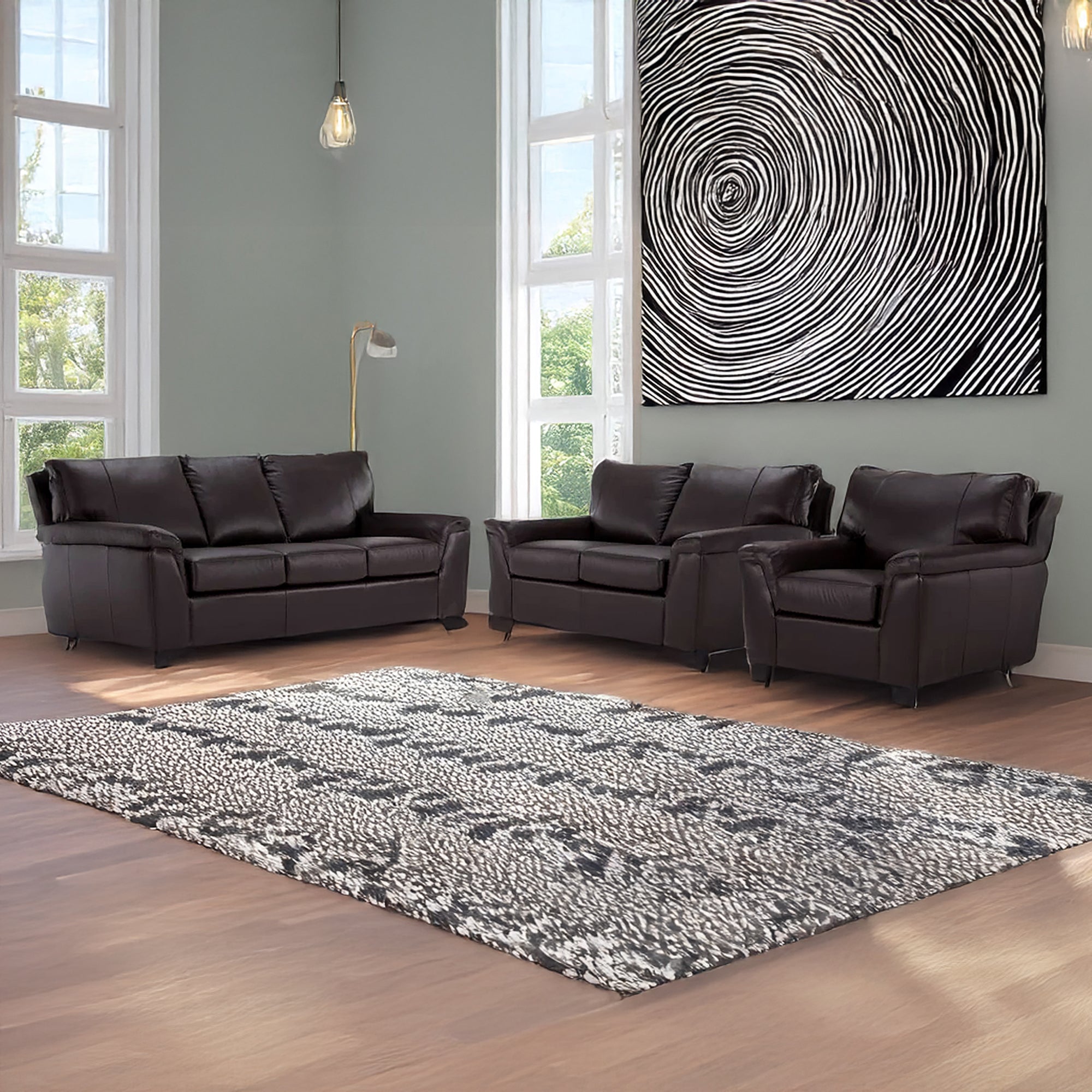 Ruston Leather Sofa, Loveseat and Chair Set, Dark Brown