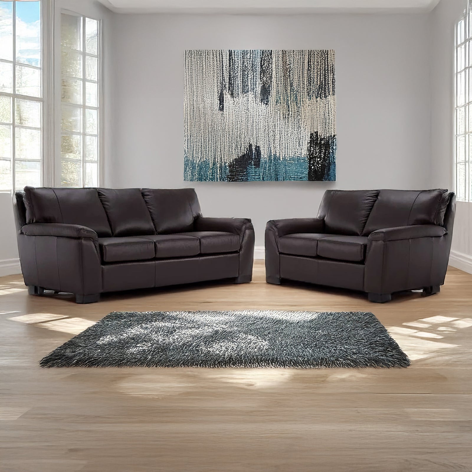 Ruston Two Piece Leather Sofa and Loveseat Set, Dark Brown - Coja