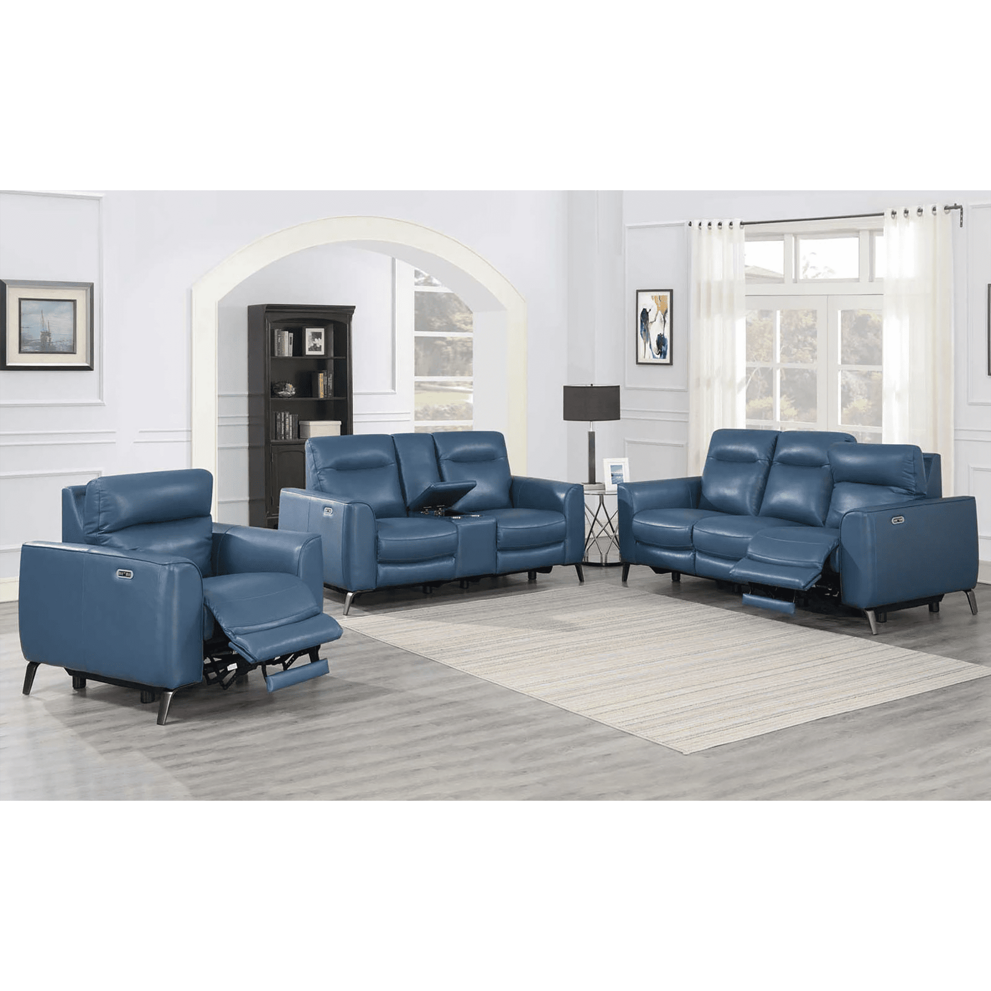 Samara Leather Power Sofa, Loveseat and Chair Set with Articulating Headrest and USB Port, Blue