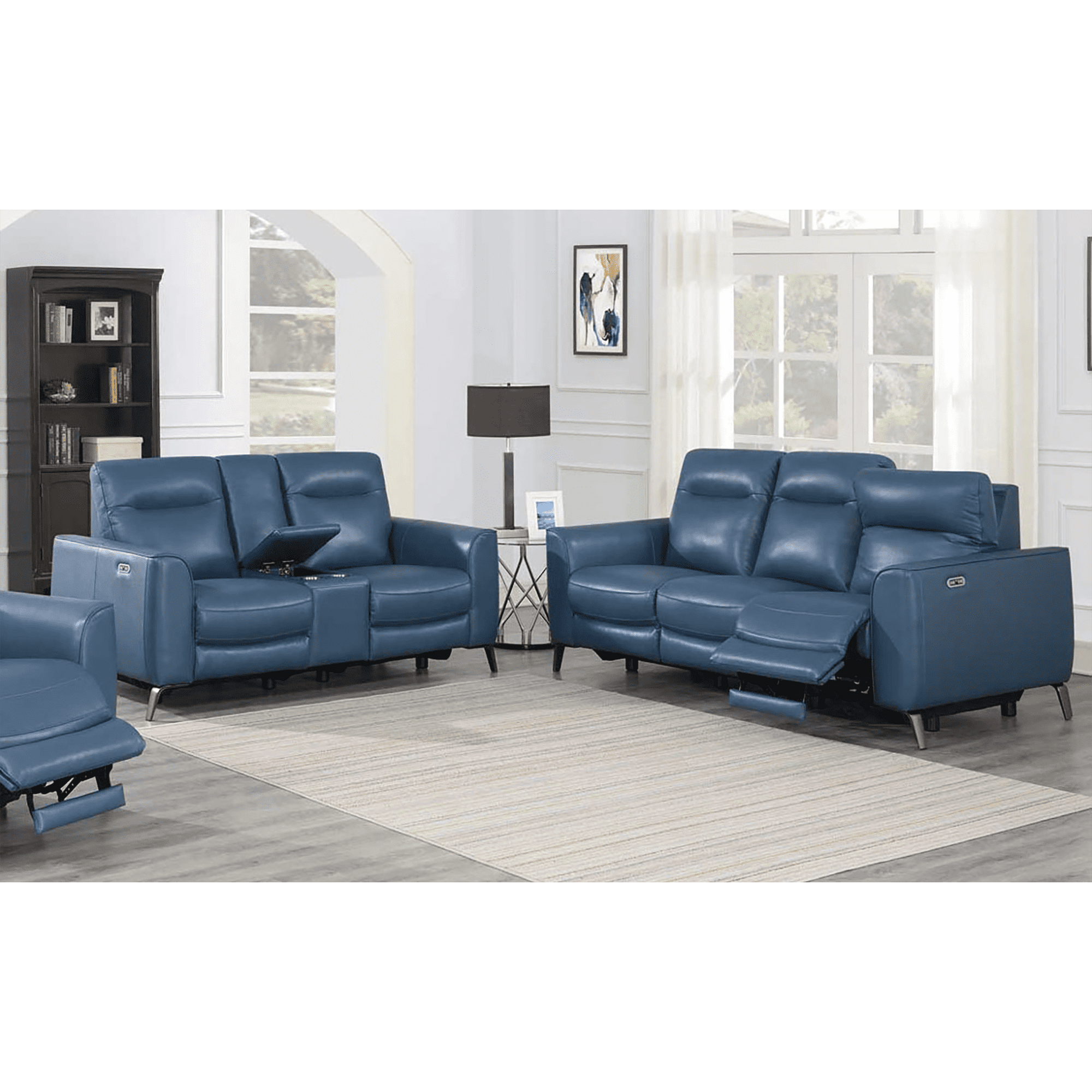 Samara Leather Power Sofa and Loveseat Reclining Set with Articulating Headrest and USB Port, Blue - Coja