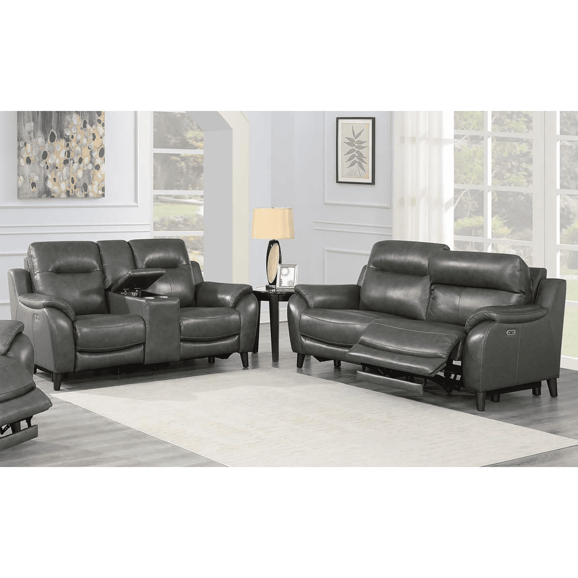 Teretta Leather Power Reclining Sofa and Loveseat Set with Articulating Headrest, Gray