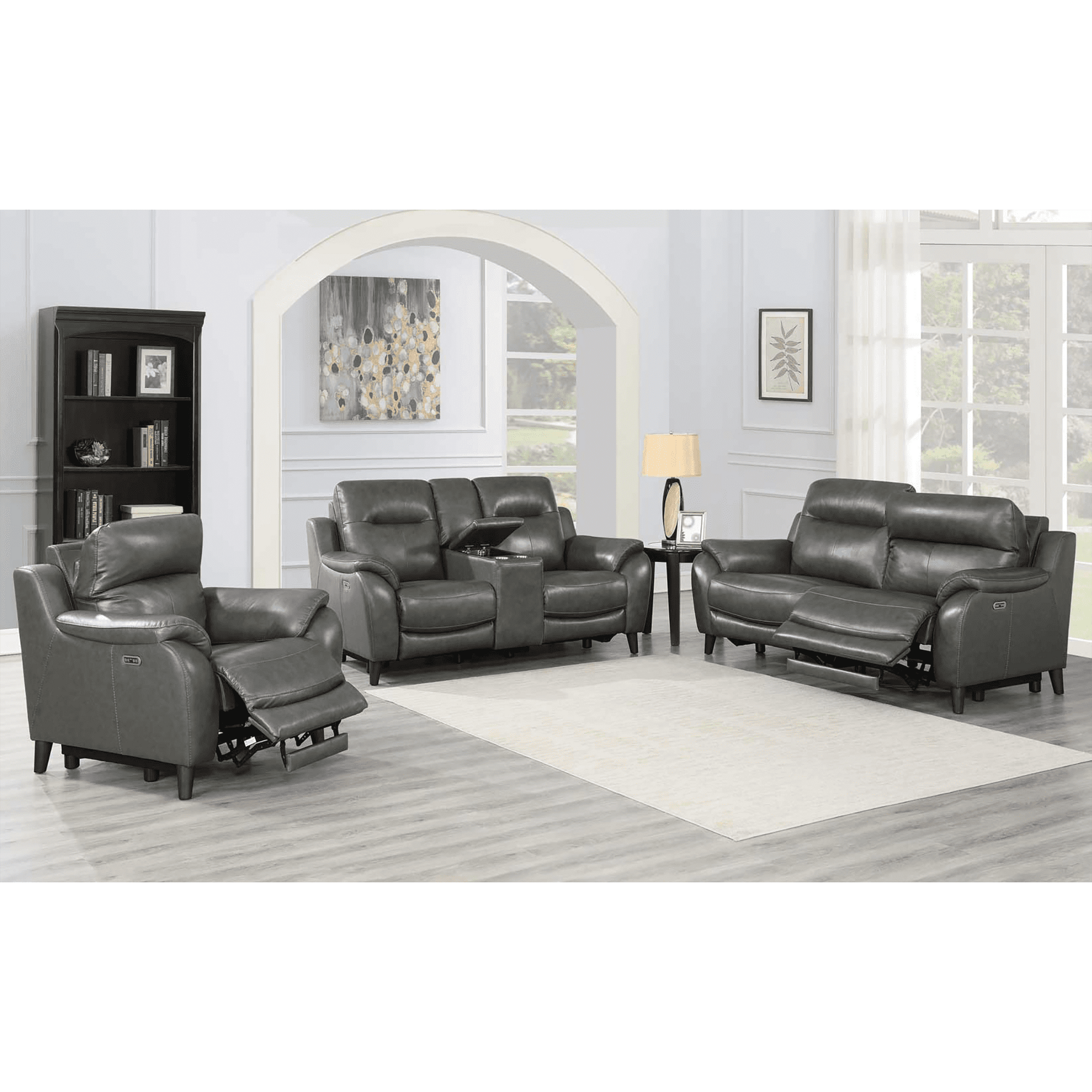 Teretta Leather Power Reclining Sofa, Loveseat and Chair Set with Articulating Headrest, Gray