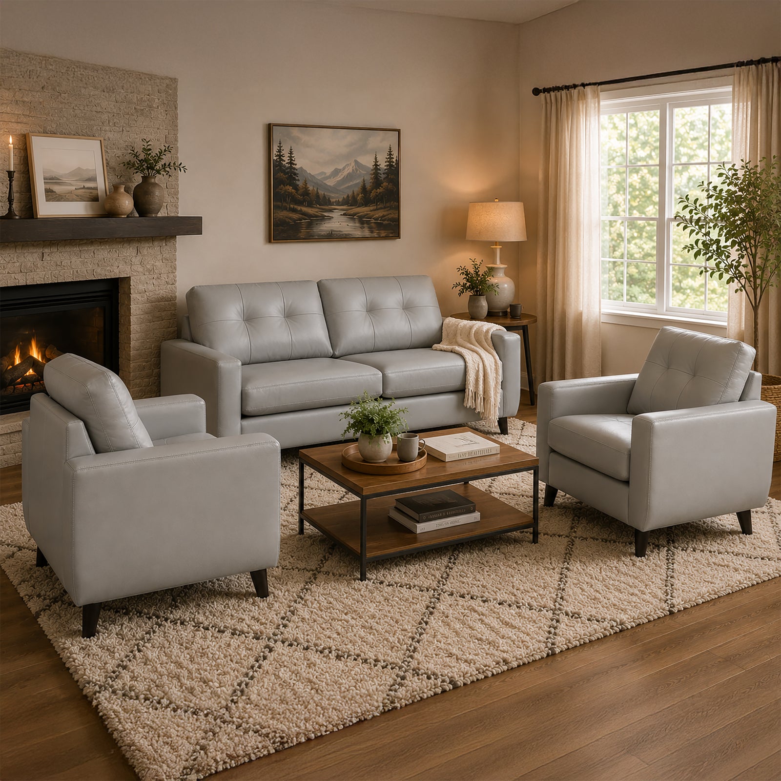 Tiena Leather Sofa and Two Chairs Set