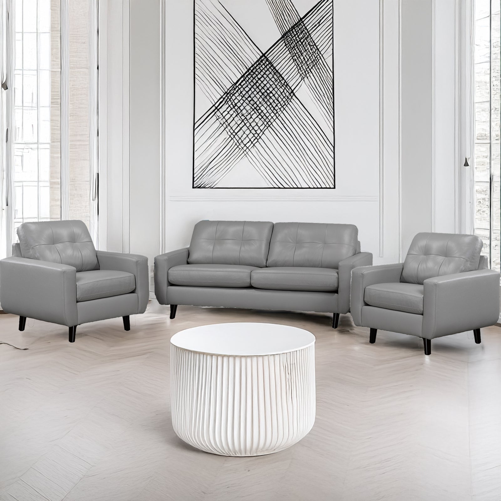 Tiena Leather Sofa and Two Chairs Set