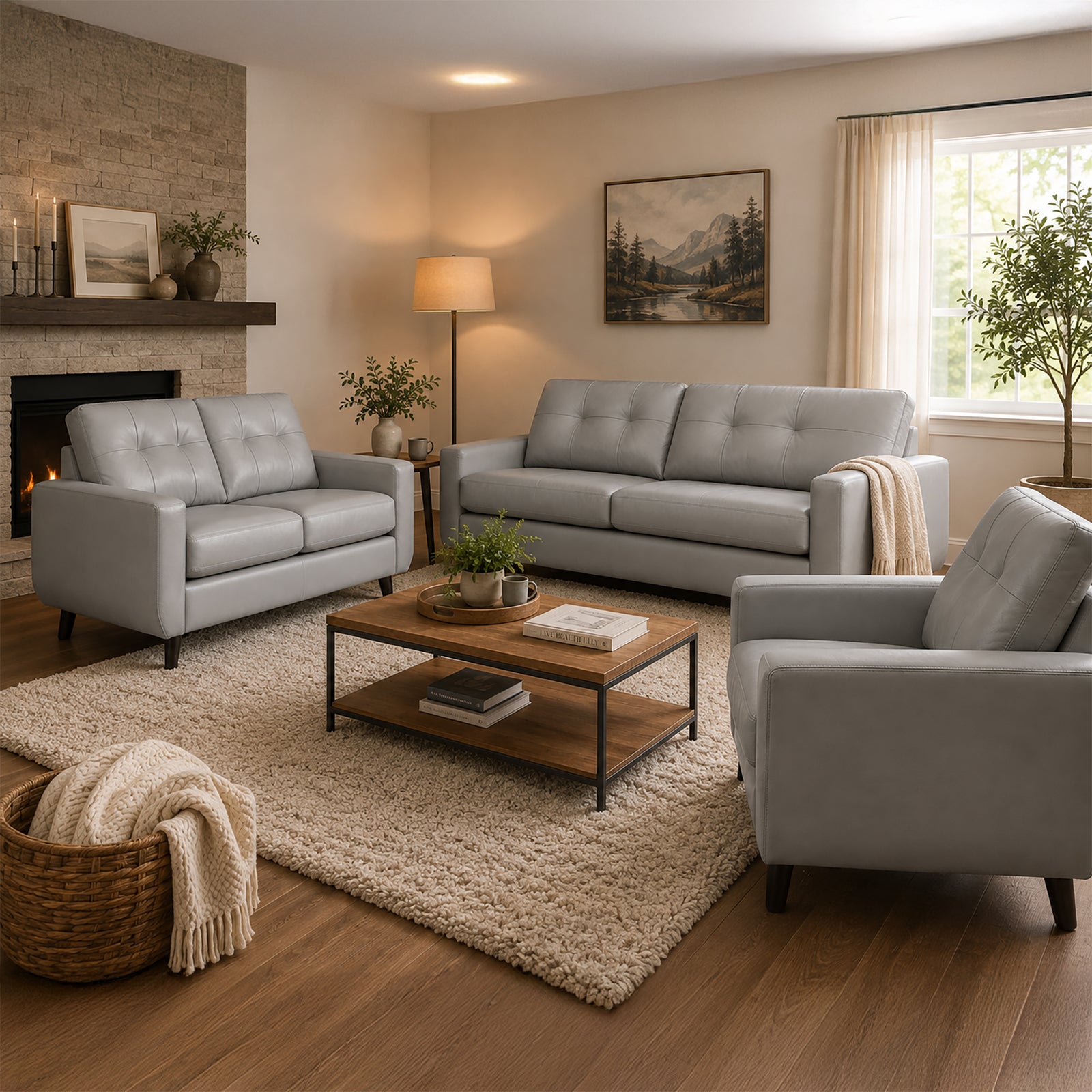 Tiena Leather Sofa, Loveseat and Chair Set