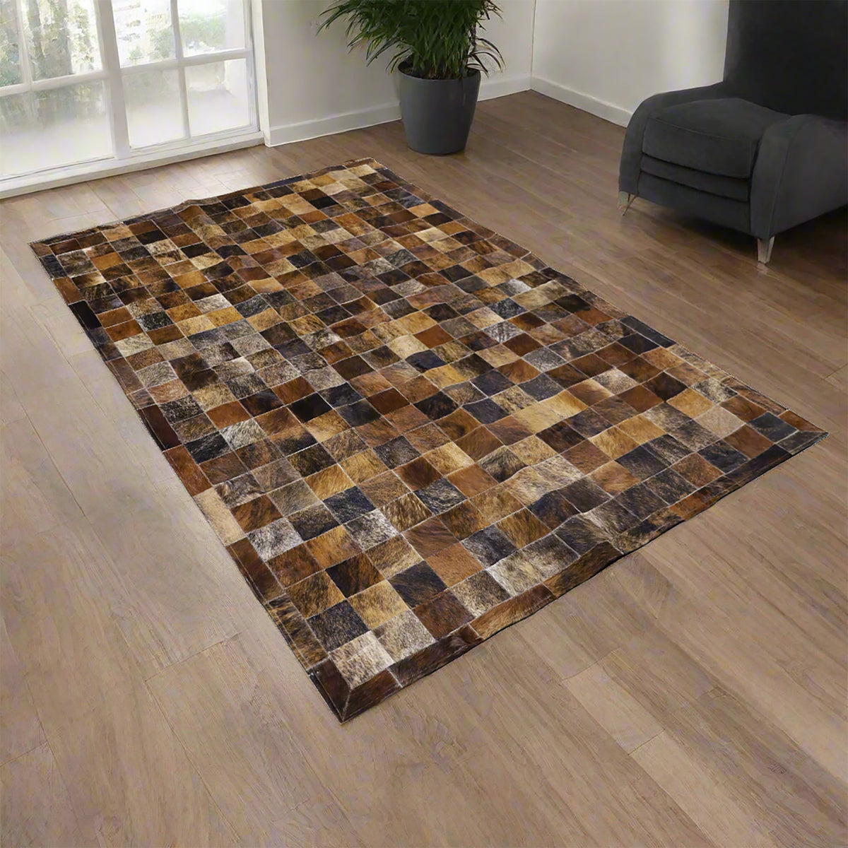 Tourmaline Plaid Hair On Leather Rug, Rectangle 5&#39; x 8&#39; - Coja