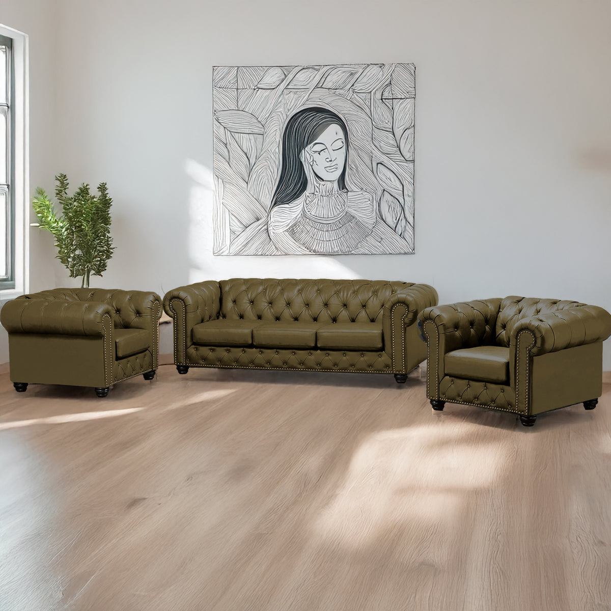 Wigan Top Grain Leather Sofa and Two Chair Set