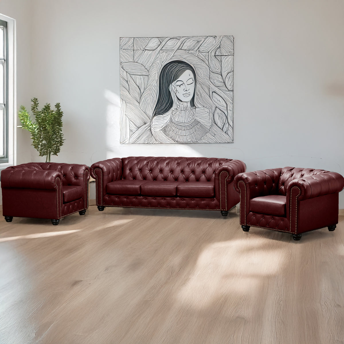 Wigan Top Grain Leather Sofa and Two Chair Set