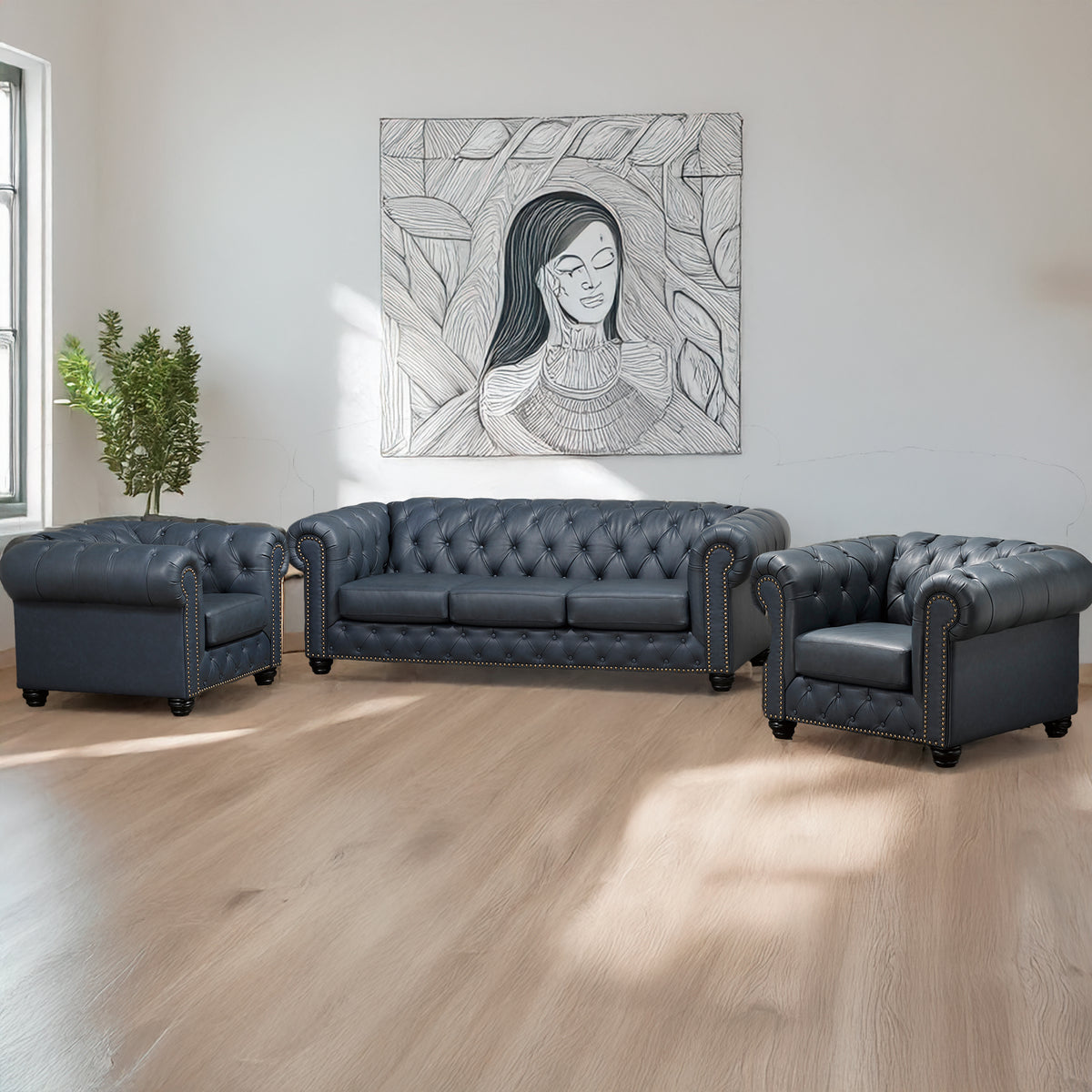 Wigan Top Grain Leather Sofa and Two Chair Set