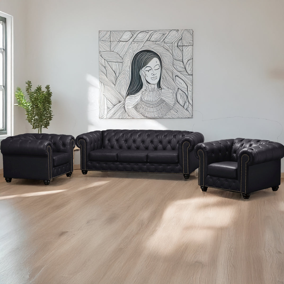 Wigan Top Grain Leather Sofa and Two Chair Set