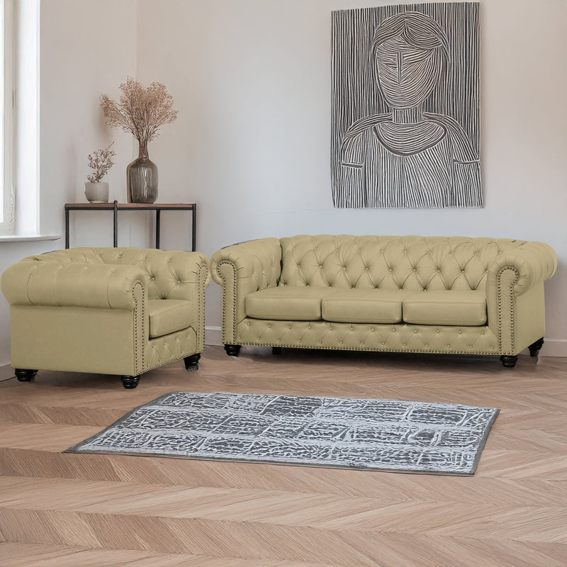 Wigan Leather Sofa & Armchair Set With Tufting and Nailhead Trim