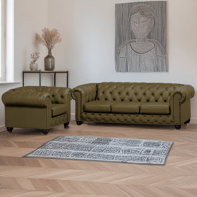 Wigan Leather Sofa & Armchair Set With Tufting and Nailhead Trim