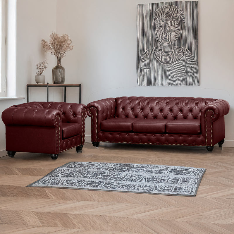 Wigan Leather Sofa & Armchair Set With Tufting and Nailhead Trim