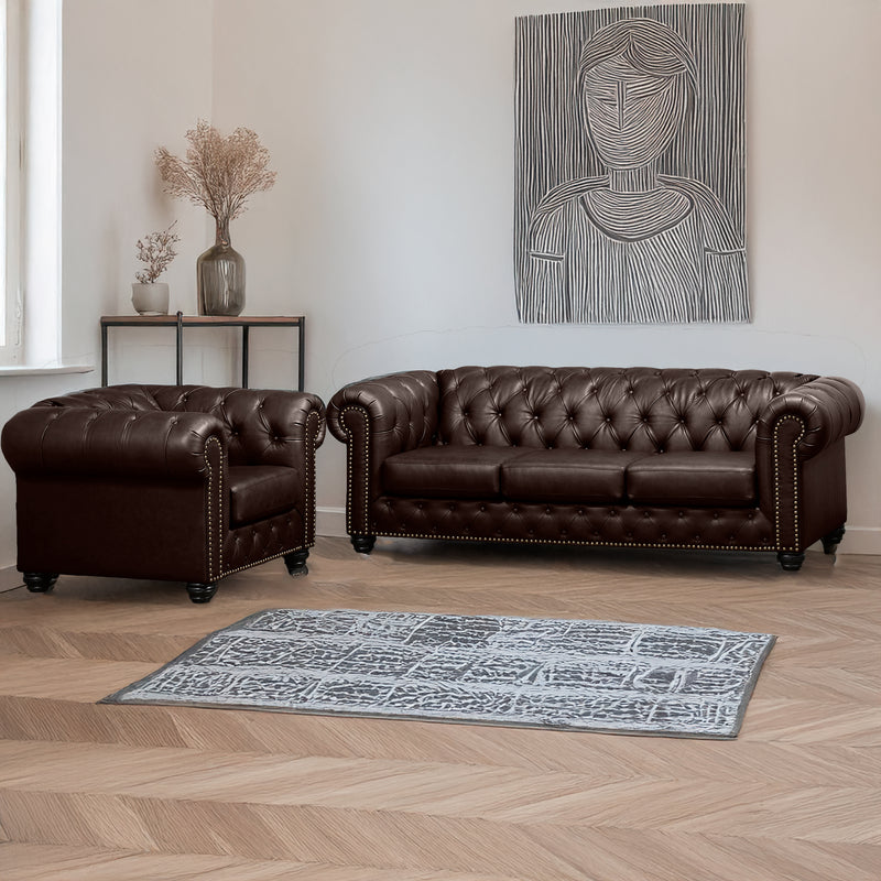 Wigan Leather Sofa & Armchair Set With Tufting and Nailhead Trim