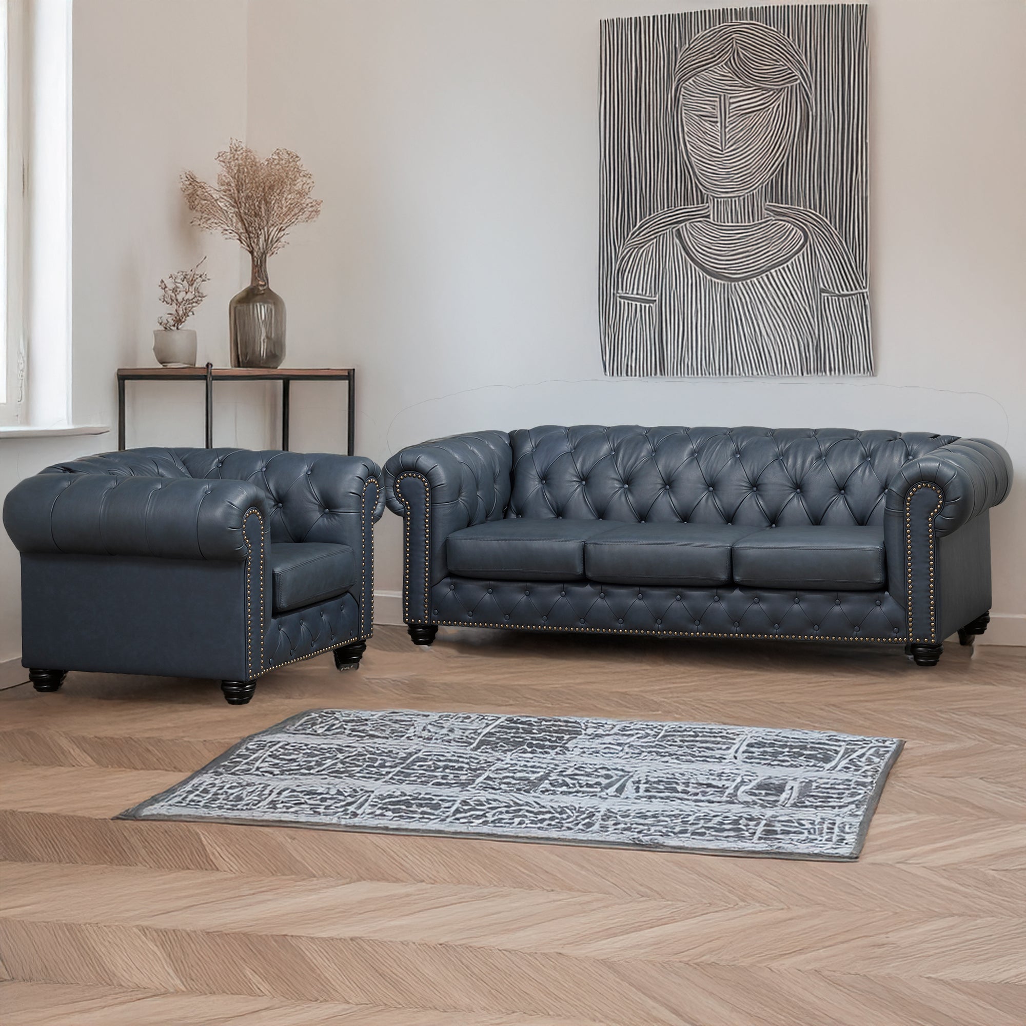 Wigan Leather Sofa & Armchair Set With Tufting and Nailhead Trim