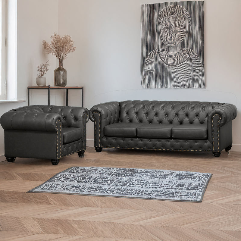 Wigan Leather Sofa & Armchair Set With Tufting and Nailhead Trim