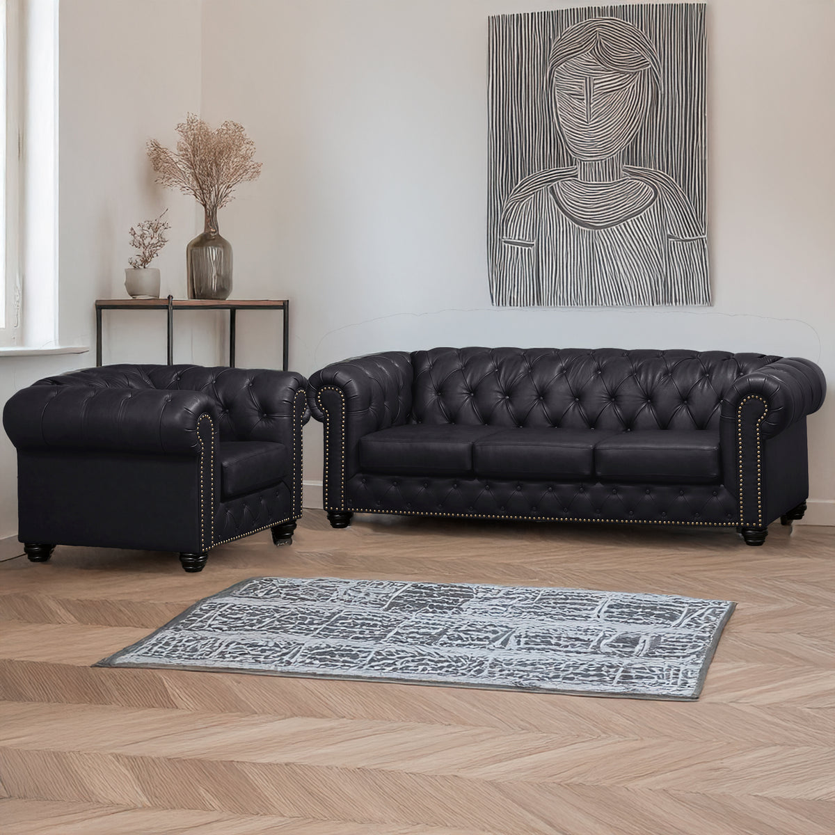 Wigan Leather Sofa &amp; Armchair Set With Tufting and Nailhead Trim