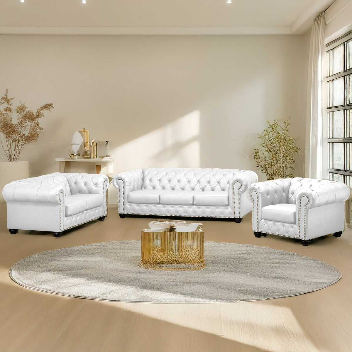 Wigan Leather Sofa, Loveseat &amp; Chair Set With Tufting and Nailhead Trim - Coja