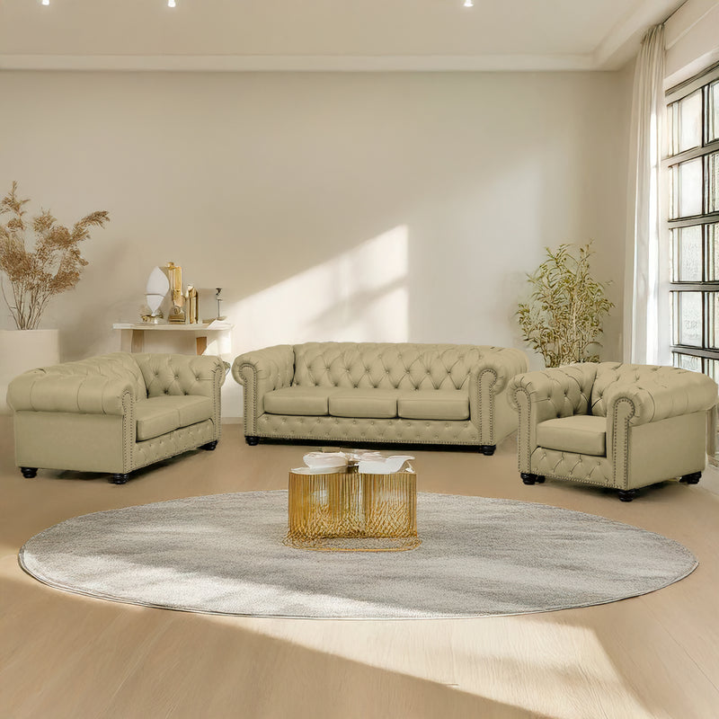 Wigan Leather Sofa, Loveseat & Chair Set With Tufting and Nailhead Trim - Coja