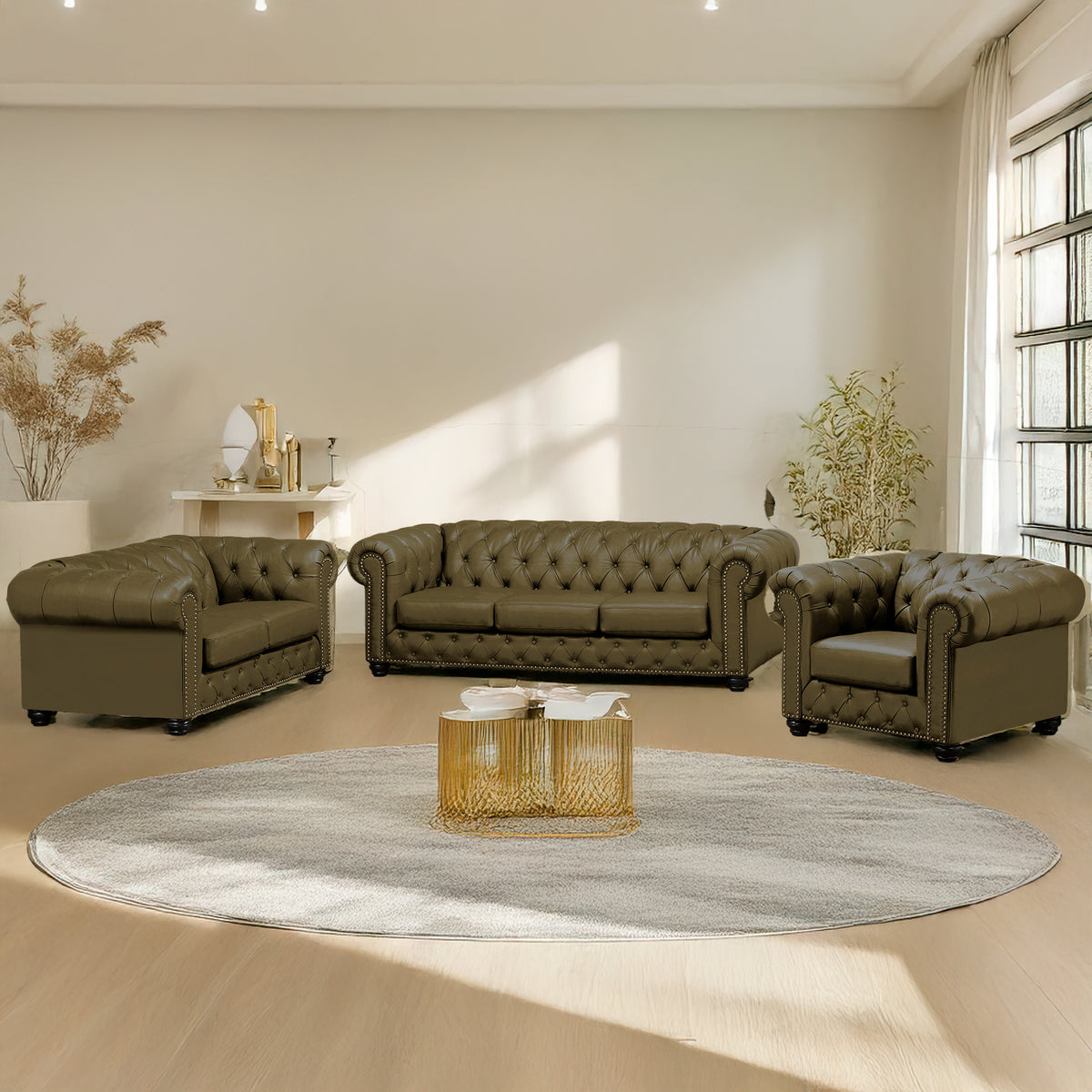 Wigan Leather Sofa, Loveseat &amp; Chair Set With Tufting and Nailhead Trim - Coja