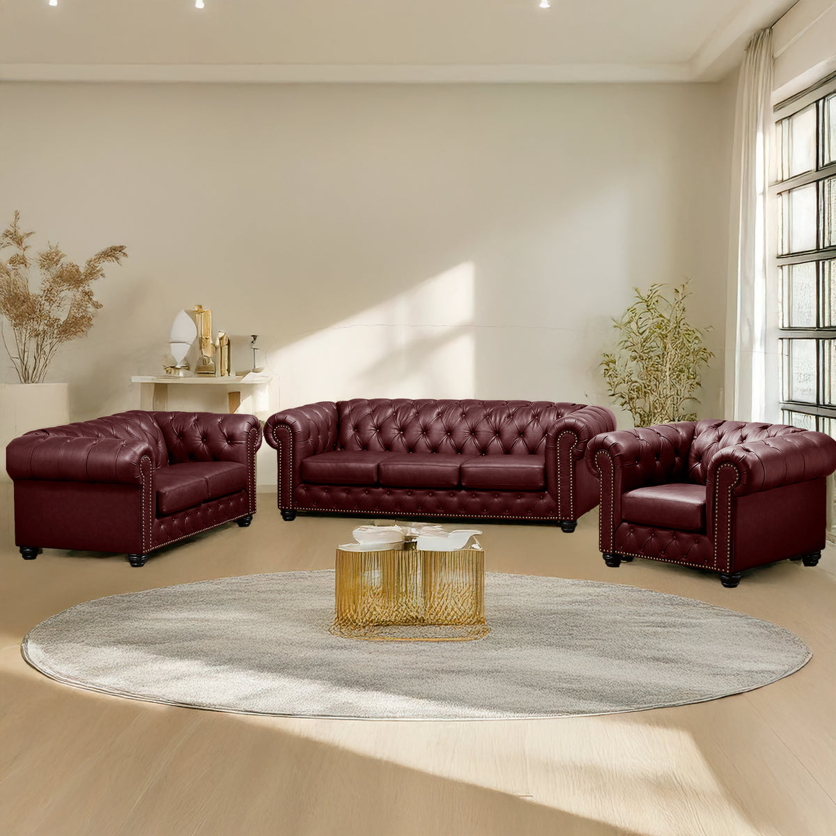 Wigan Leather Sofa, Loveseat &amp; Chair Set With Tufting and Nailhead Trim - Coja