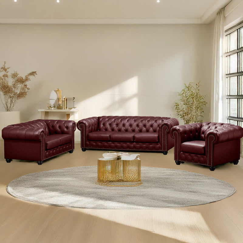 Wigan Leather Sofa, Loveseat & Chair Set With Tufting and Nailhead Trim - Coja