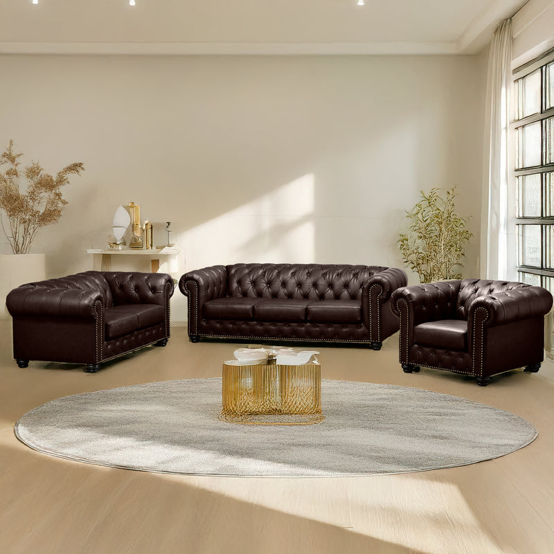 Wigan Leather Sofa, Loveseat & Chair Set With Tufting and Nailhead Trim - Coja
