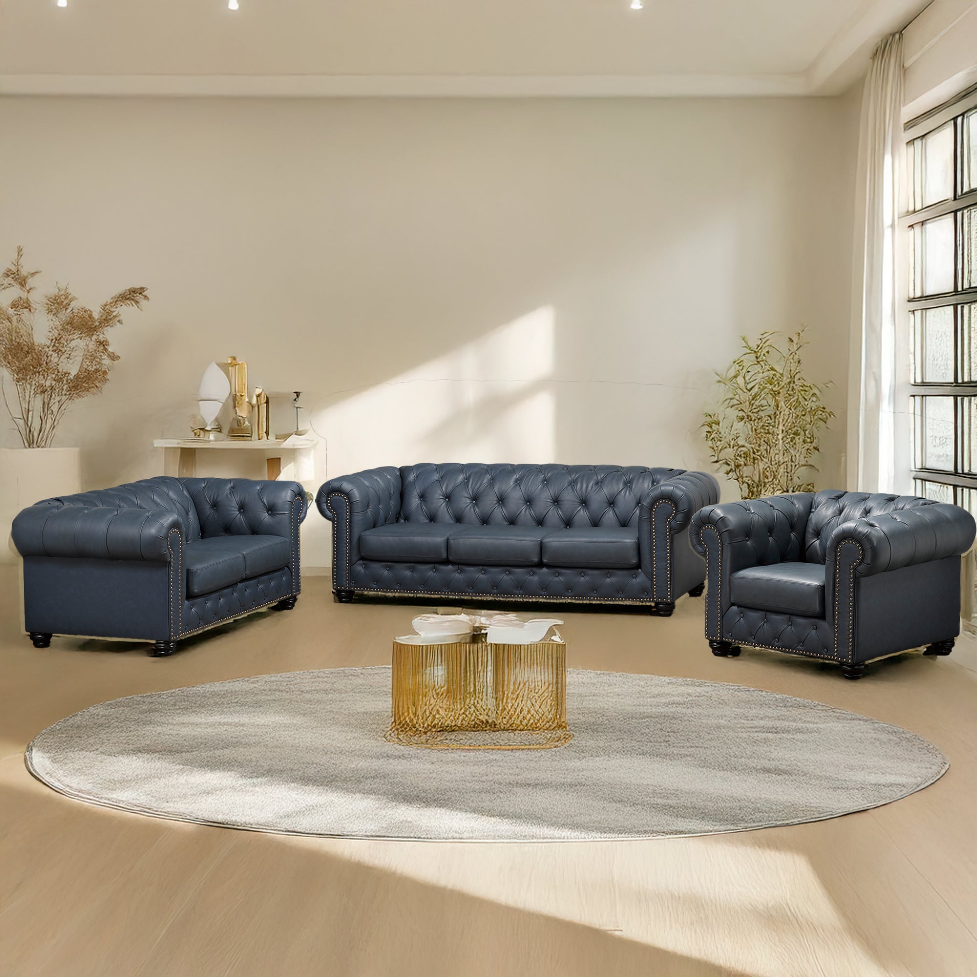 Wigan Leather Sofa, Loveseat & Chair Set With Tufting and Nailhead Trim
