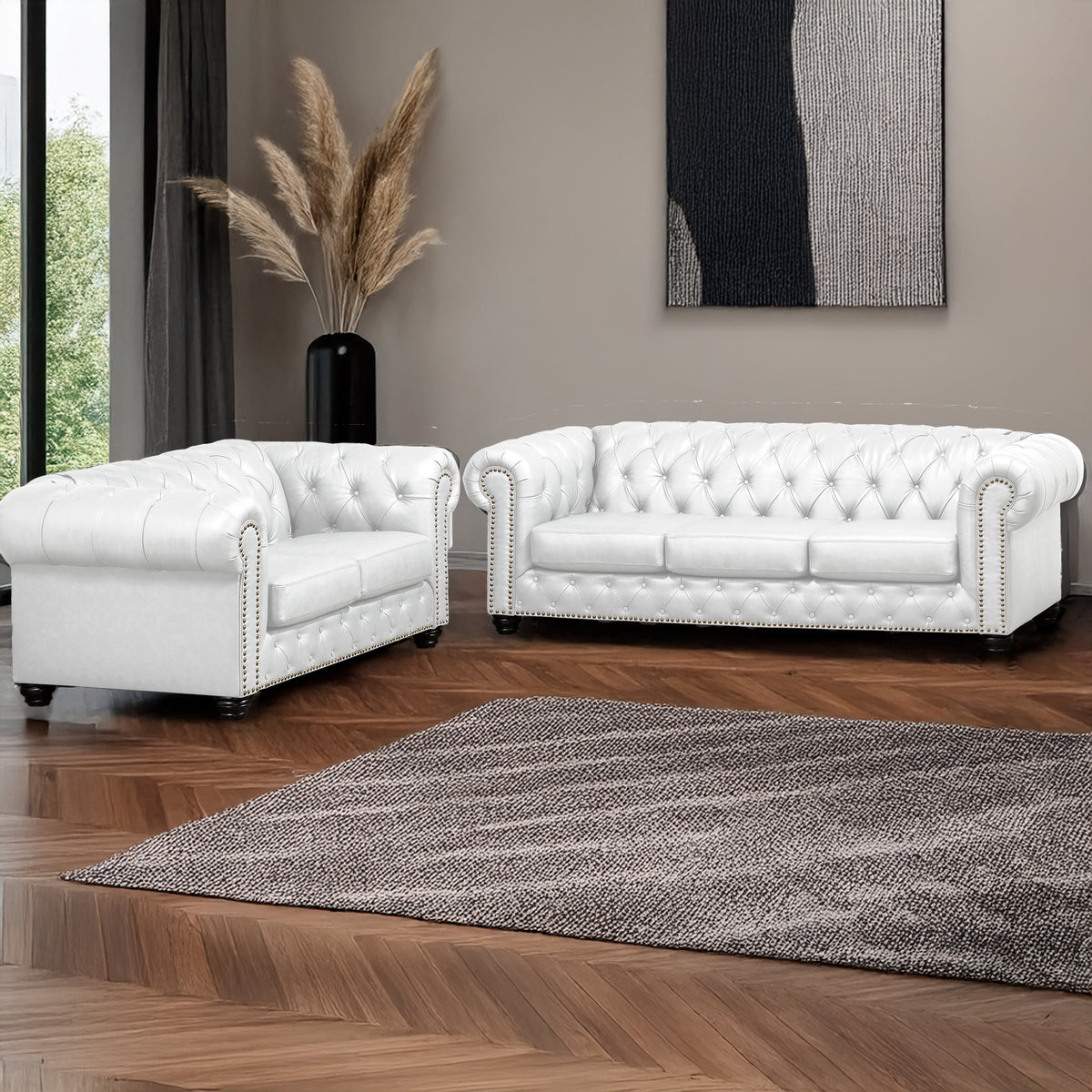 Wigan Leather Sofa &amp; Loveseat Set With Tufting and Nailhead Trim