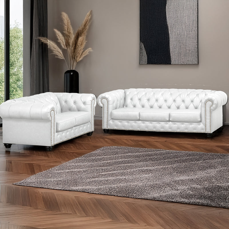 Wigan Leather Sofa & Loveseat Set With Tufting and Nailhead Trim