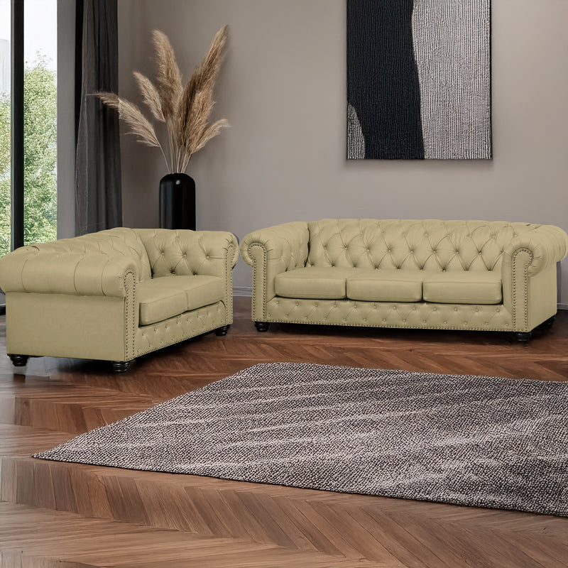 Wigan Leather Sofa & Loveseat Set With Tufting and Nailhead Trim