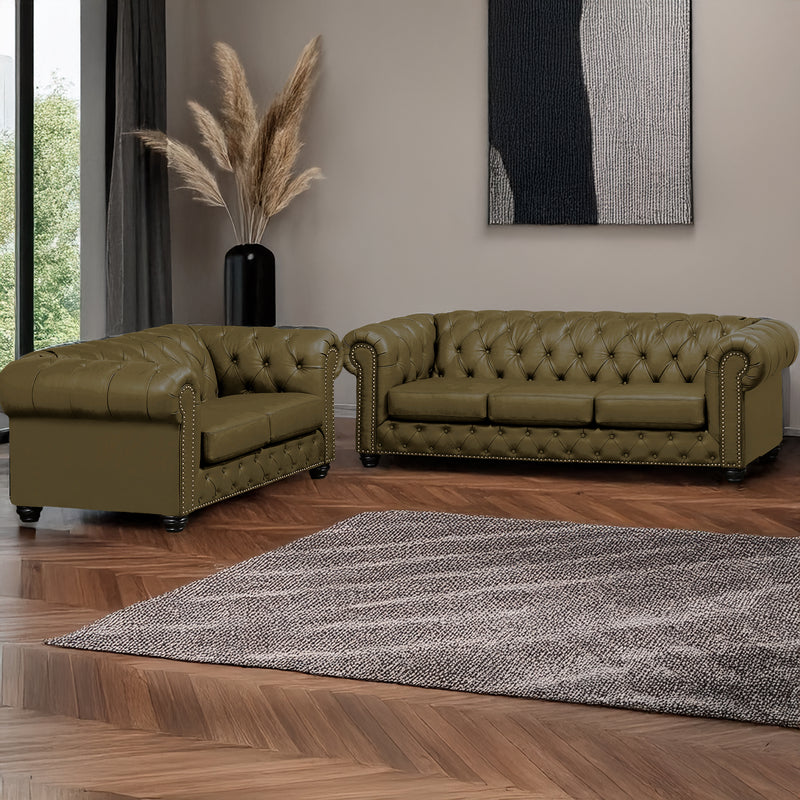 Wigan Leather Sofa & Loveseat Set With Tufting and Nailhead Trim