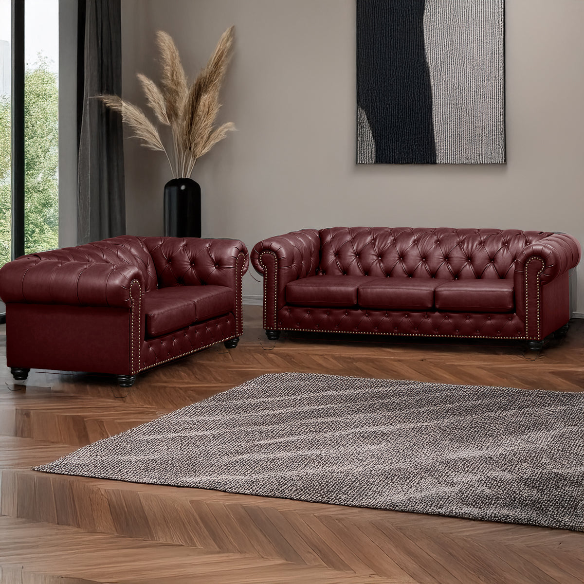 Wigan Leather Sofa &amp; Loveseat Set With Tufting and Nailhead Trim