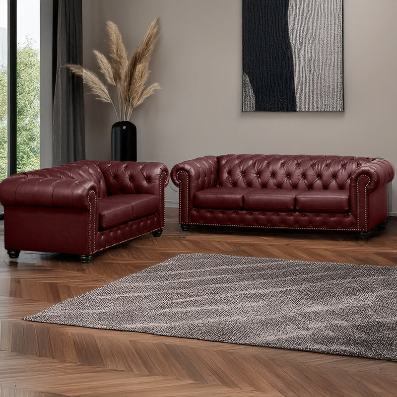 Wigan Leather Sofa & Loveseat Set With Tufting and Nailhead Trim